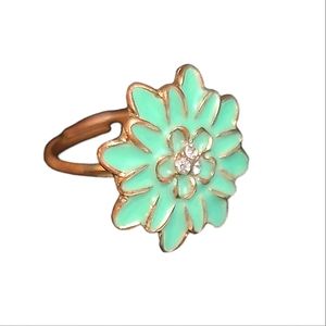 Gold Tone and Teal Enamel Flower Ring Adjustable